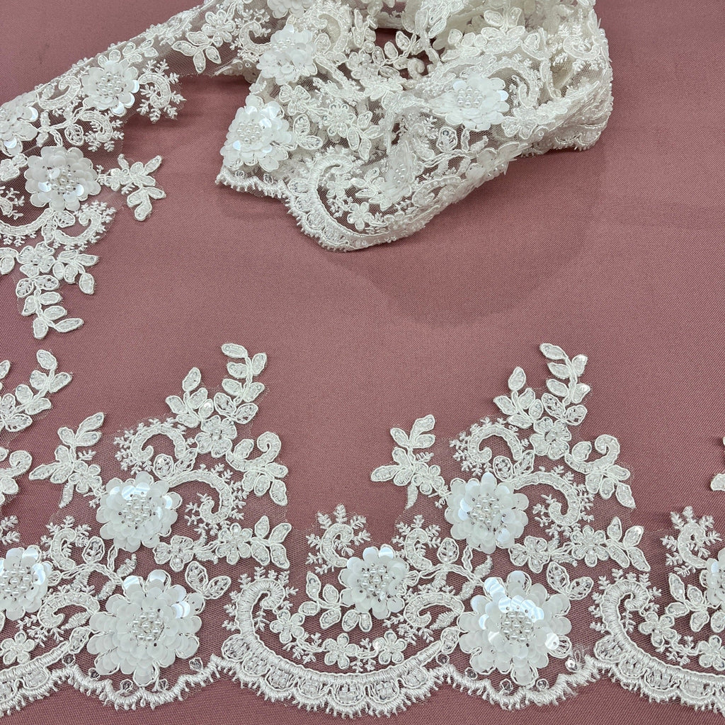 Beaded & Corded Floral Lace Trimming Embroidered on 100% Polyester Net Mesh | Lace USA - 97223W-HB-3