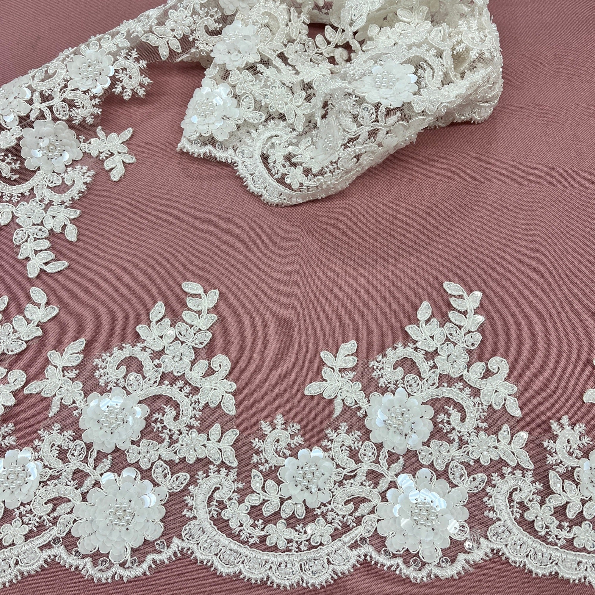 Beaded & Corded Floral Lace Trimming Embroidered on 100% Polyester Net Mesh | Lace USA - 97223W-HB-3