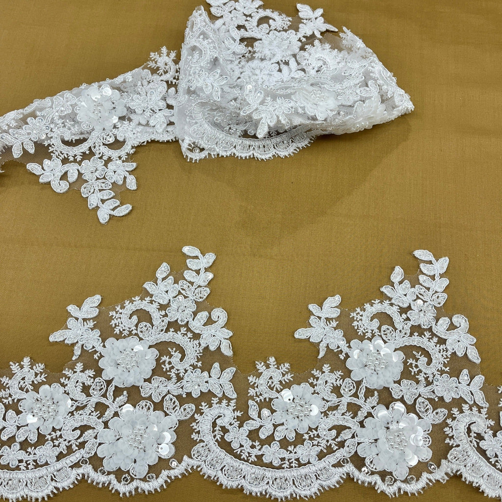 Beaded & Corded Floral Lace Trimming Embroidered on 100% Polyester Net Mesh | Lace USA - 97223W-HB-0