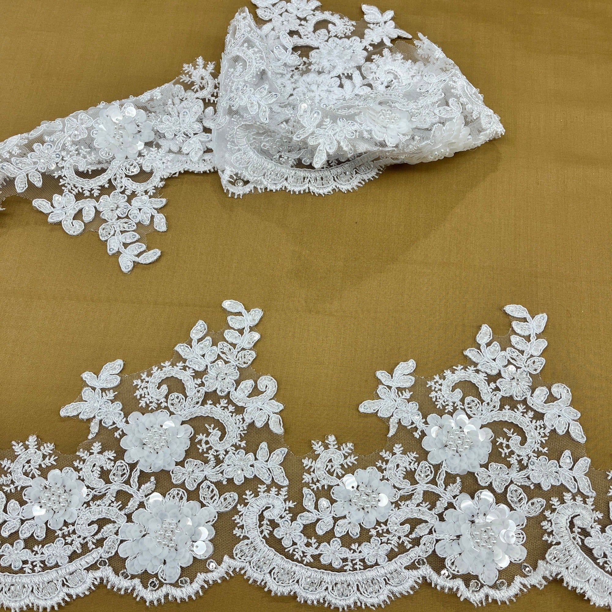 Beaded & Corded Floral Lace Trimming Embroidered on 100% Polyester Net Mesh | Lace USA - 97223W-HB-0