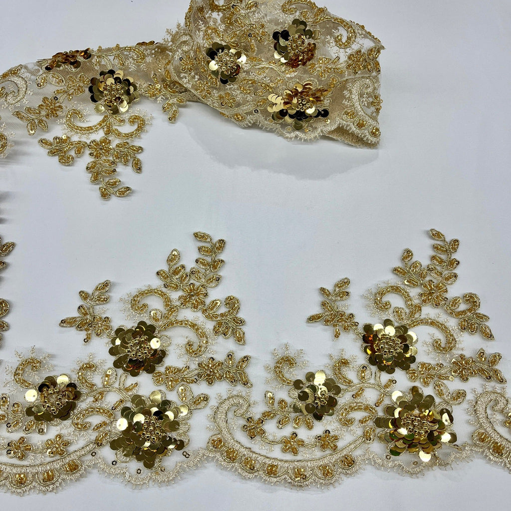 Beaded & Corded Floral Lace Trimming Embroidered on 100% Polyester Net Mesh | Lace USA - 97223W-HB-1