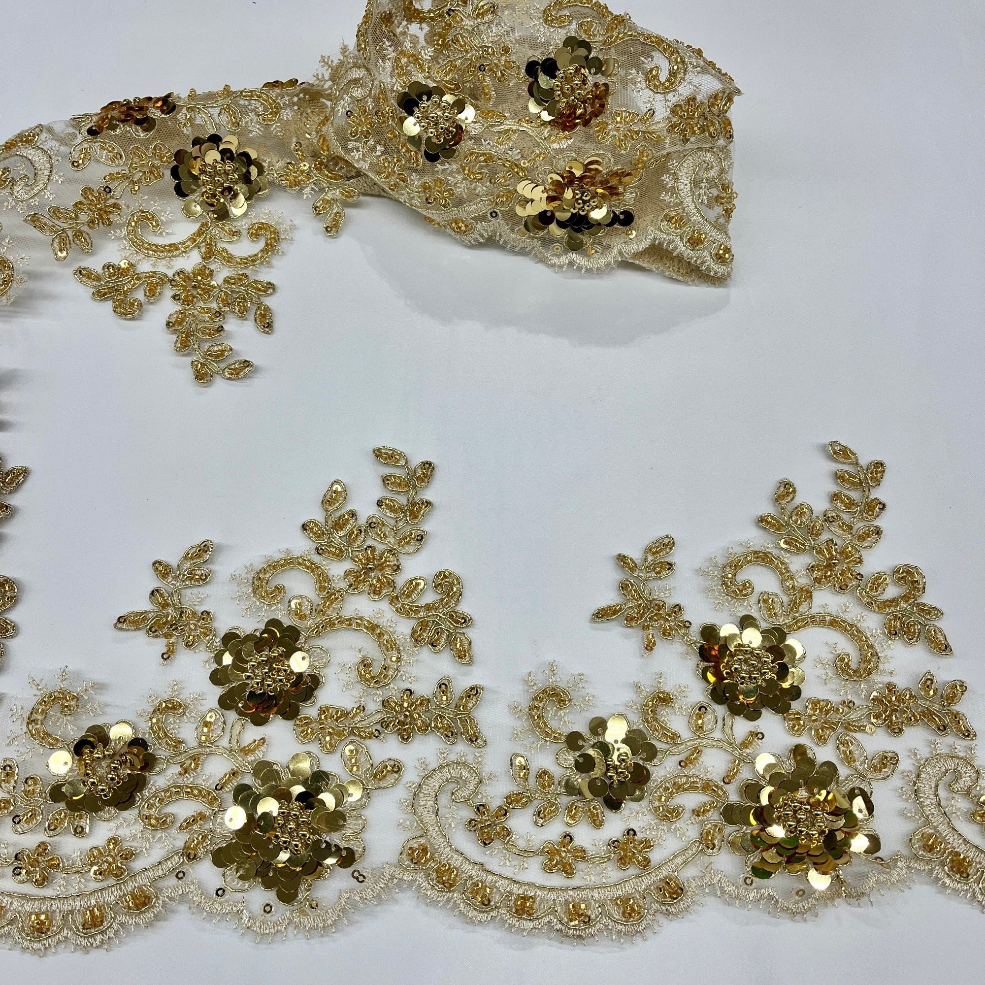 Beaded & Corded Floral Lace Trimming Embroidered on 100% Polyester Net Mesh | Lace USA - 97223W-HB-1