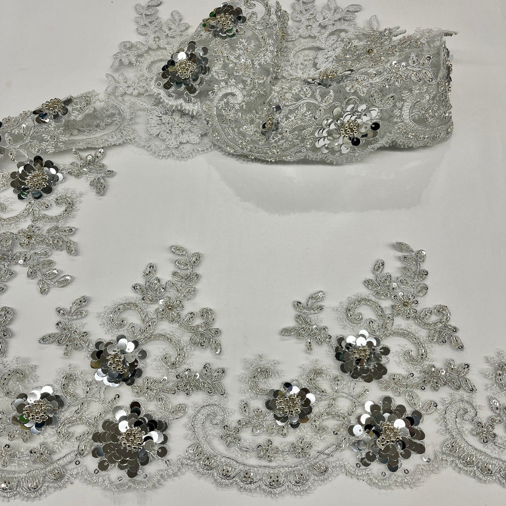 Beaded & Corded Floral Lace Trimming Embroidered on 100% Polyester Net Mesh | Lace USA - 97223W-HB-2