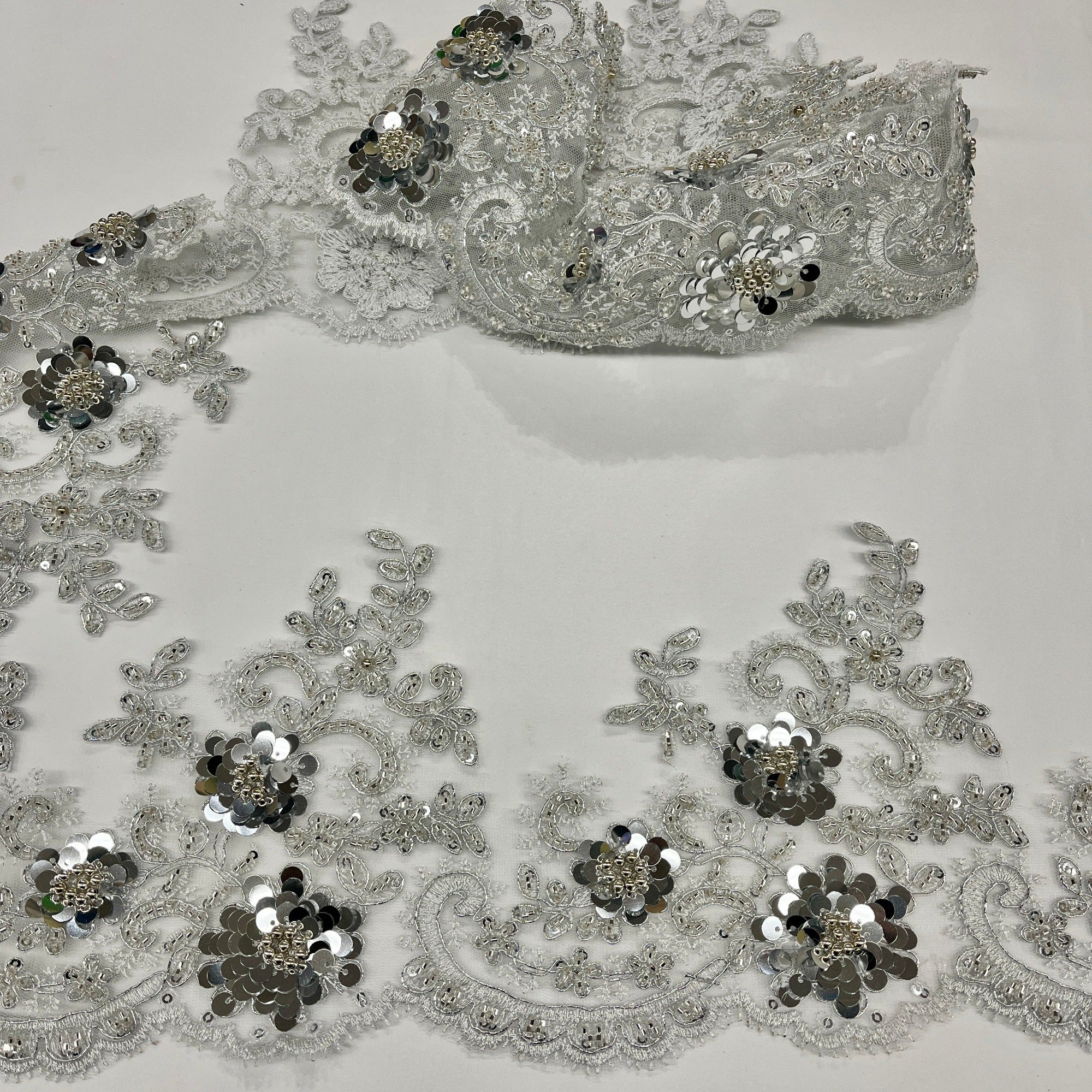 Beaded & Corded Floral Lace Trimming Embroidered on 100% Polyester Net Mesh | Lace USA - 97223W-HB-2