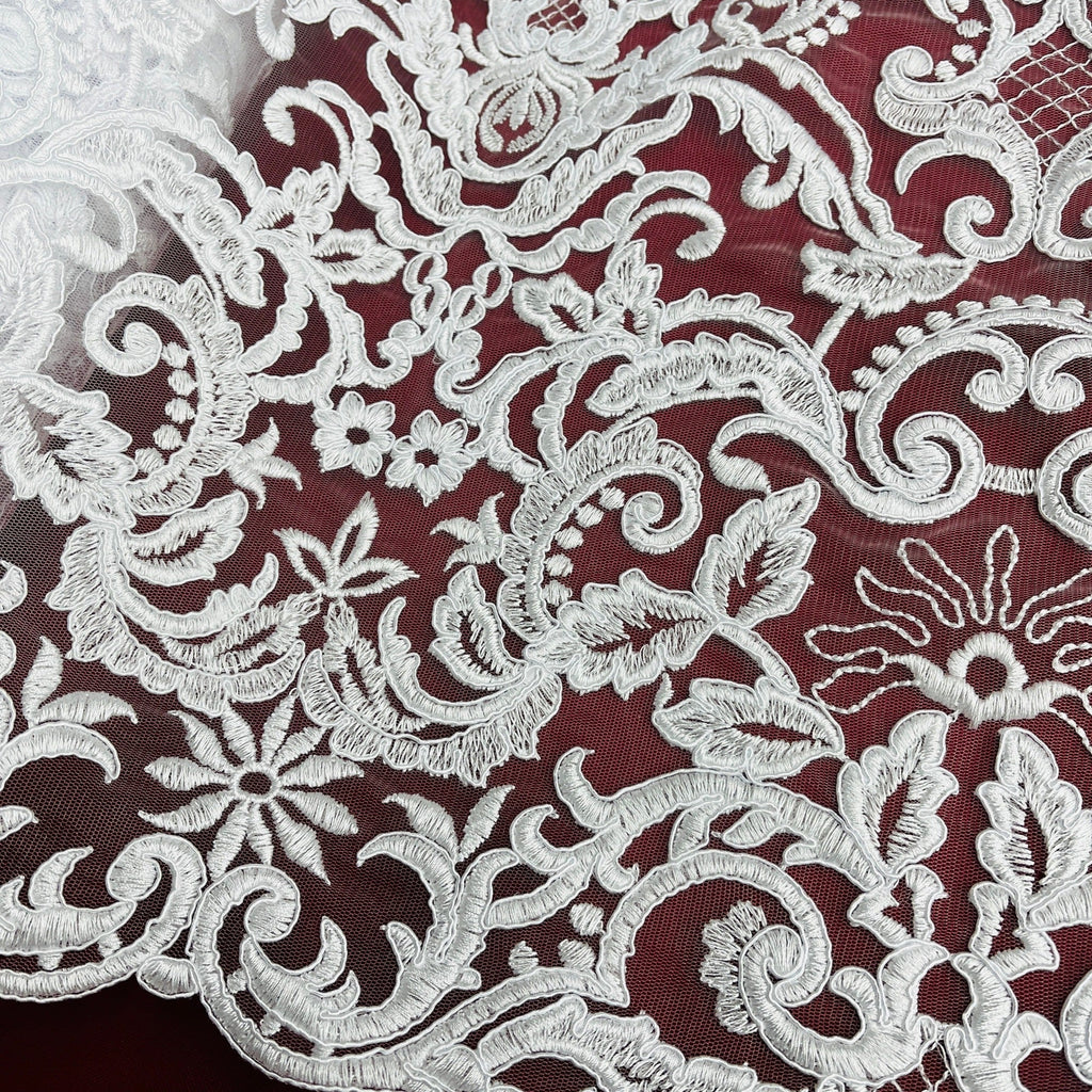 Corded Bridal Lace Fabric Embroidered on 100% Polyester Net Mesh | Lace USA - 96997W-1