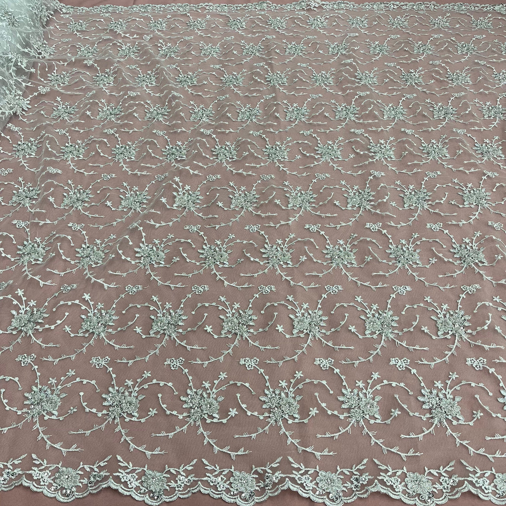 Beaded & Corded Bridal Lace Fabric Embroidered on 100% Polyester Net Mesh | Lace USA - 95575W-BP-5