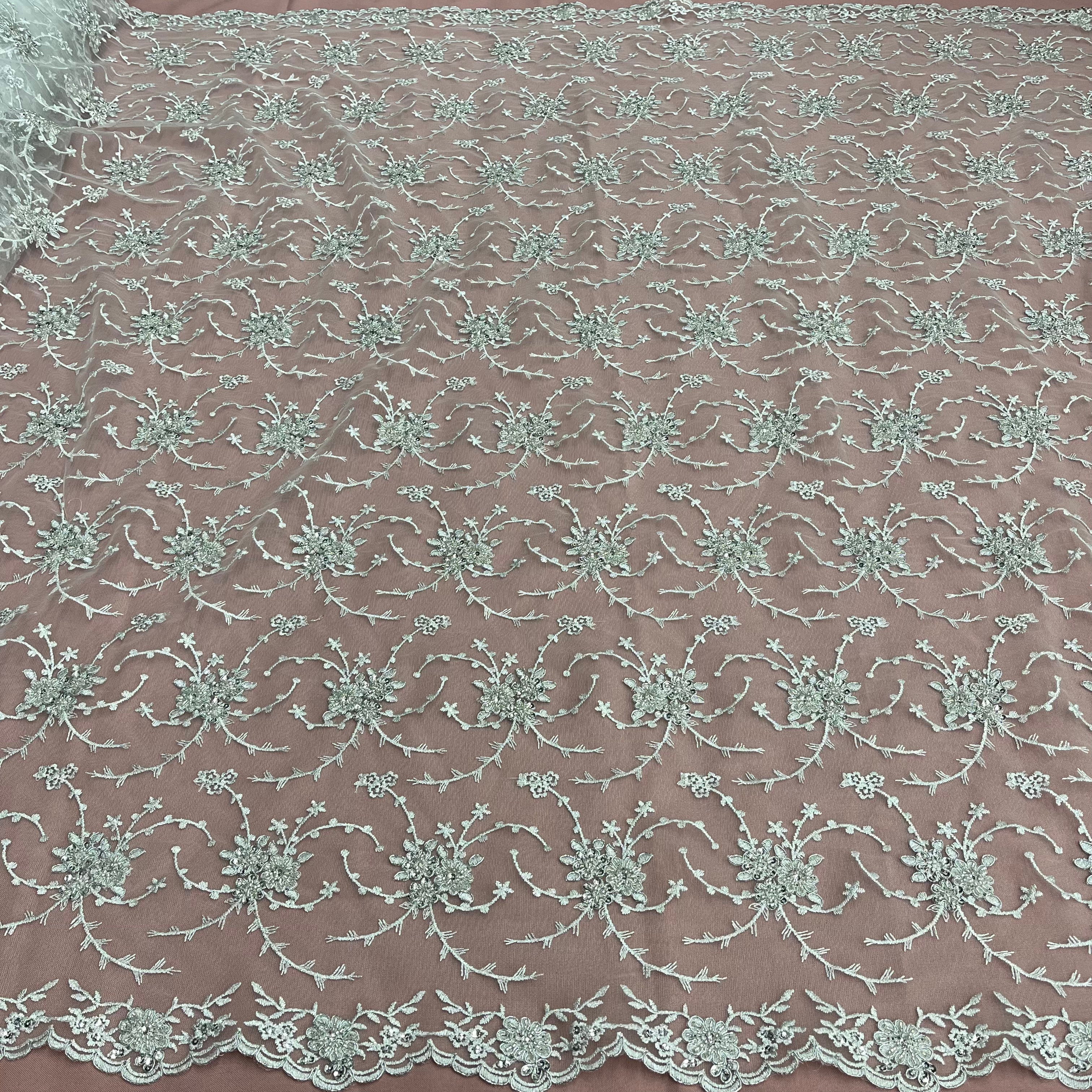 Beaded & Corded Bridal Lace Fabric Embroidered on 100% Polyester Net Mesh | Lace USA - 95575W-BP-5