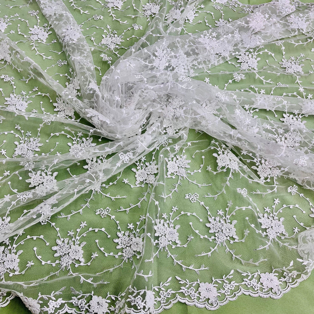Beaded & Corded Bridal Lace Fabric Embroidered on 100% Polyester Net Mesh | Lace USA - 95575W-BP-1