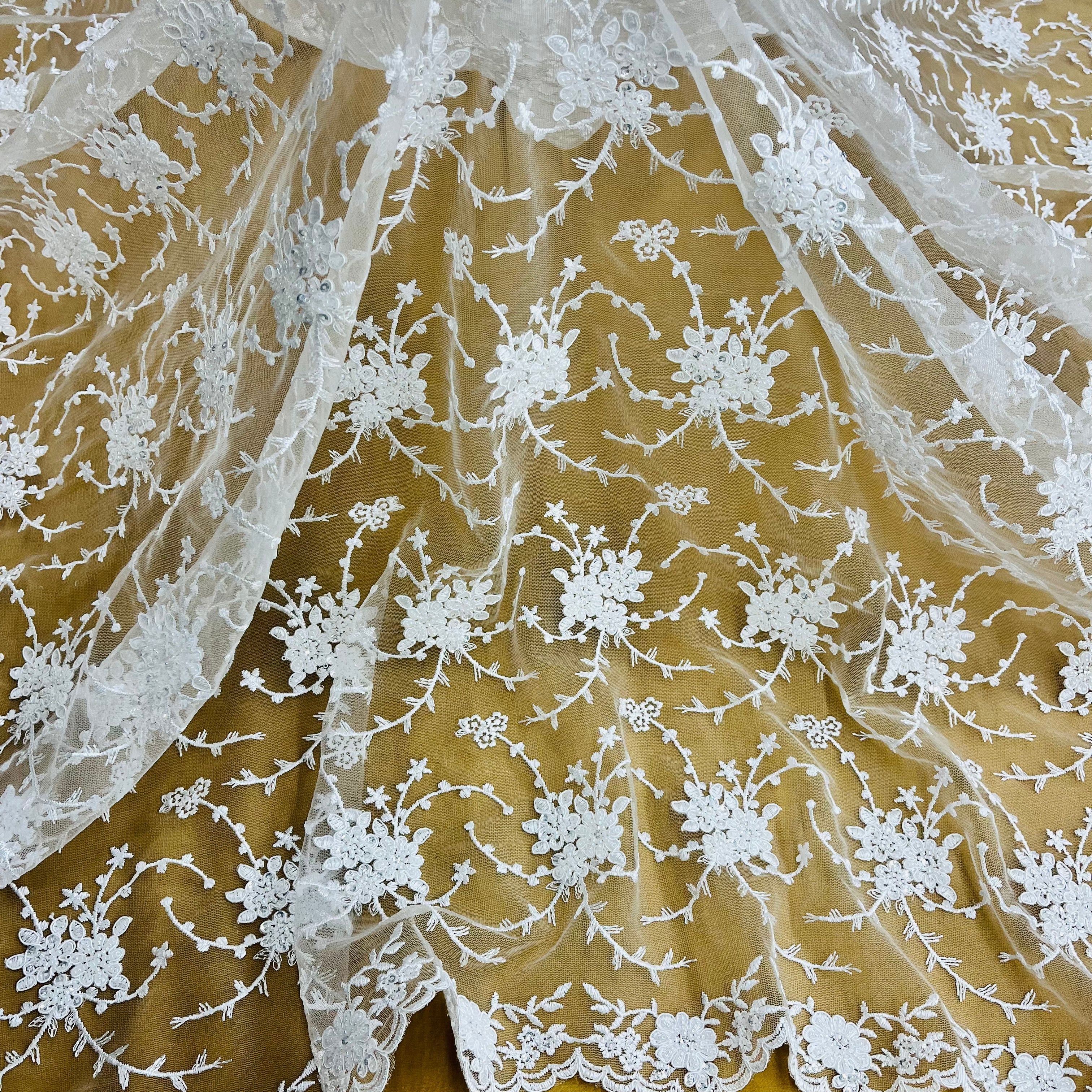 Beaded & Corded Bridal Lace Fabric Embroidered on 100% Polyester Net Mesh | Lace USA - 95575W-BP-3